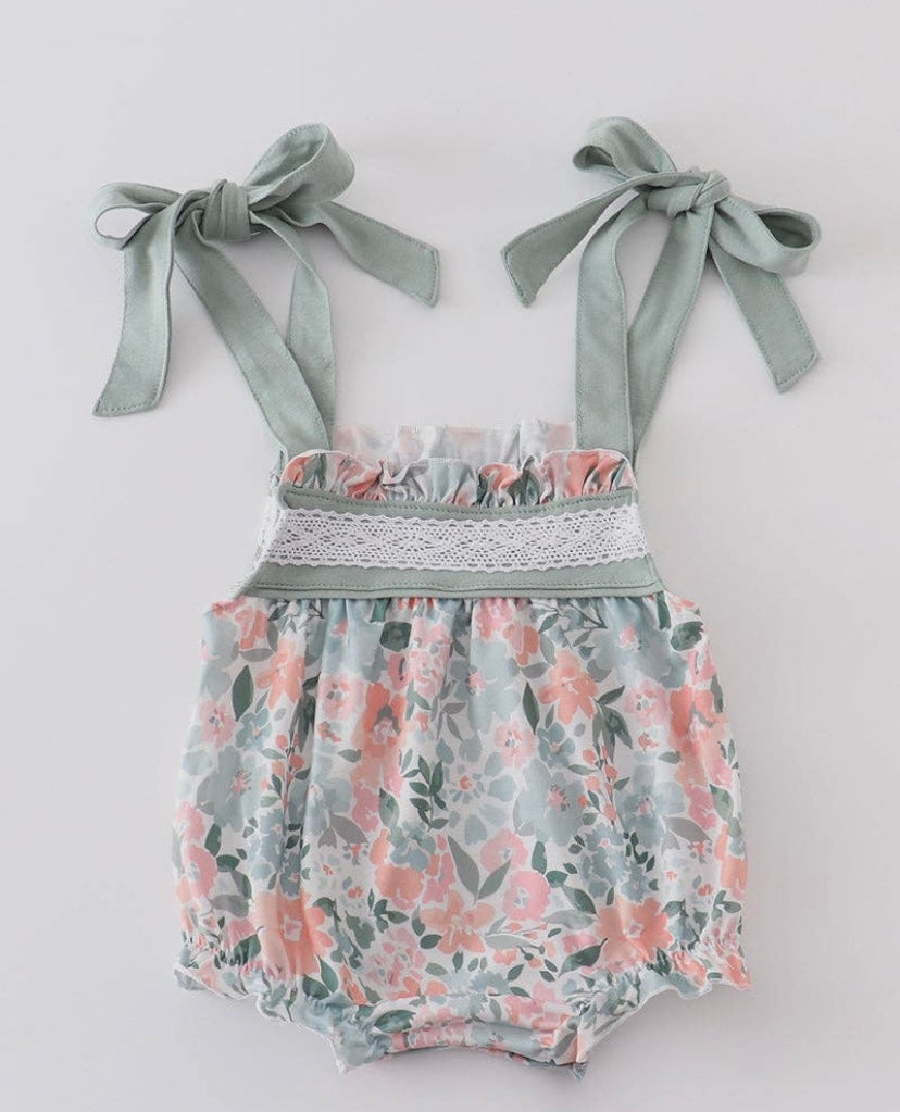 Green Floral Print Girl Bubble Romper