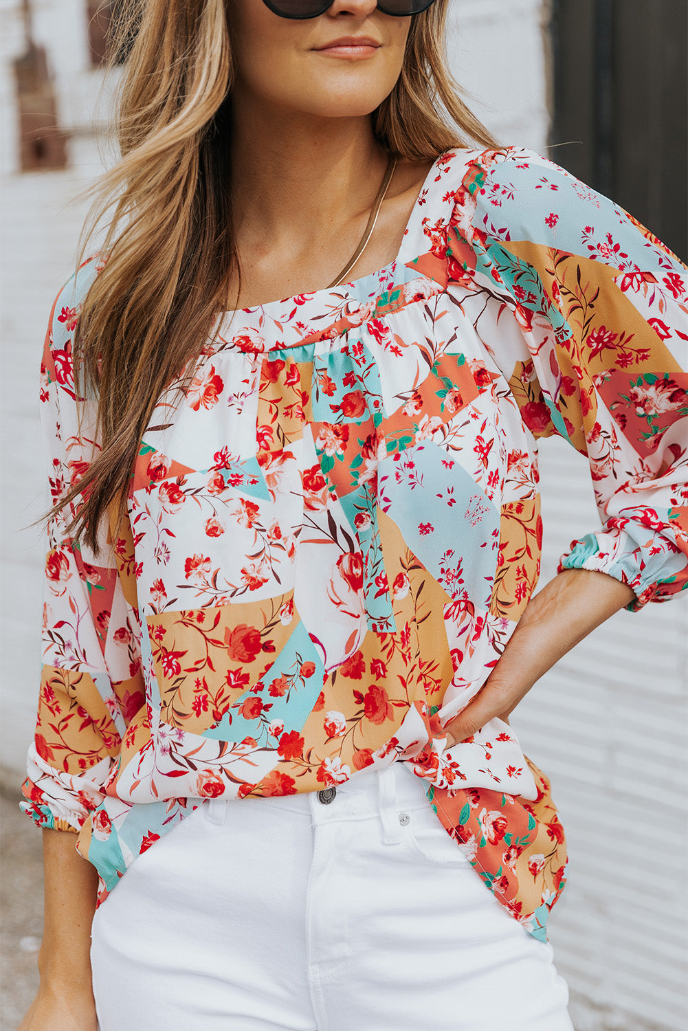 Floral Square Neck Three-Quarter Sleeve Blouse