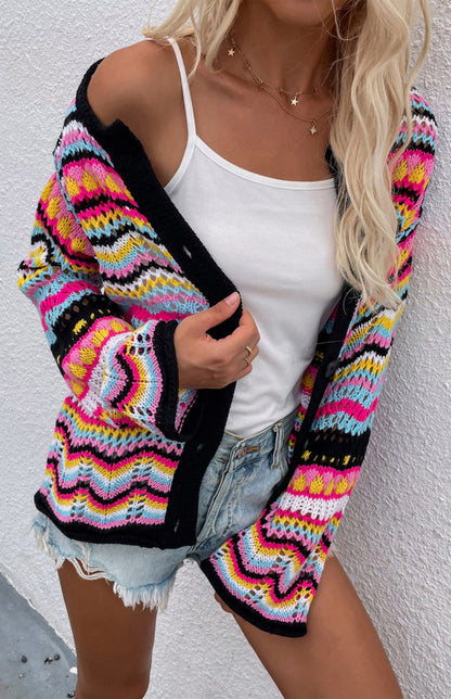 New Striped Loose Rainbow Knitted Cardigan