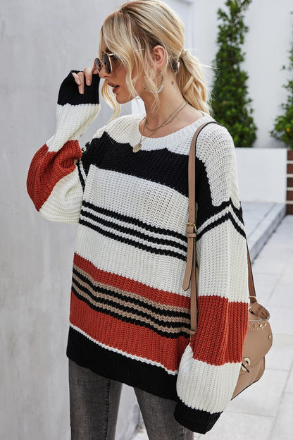 Striped Round Neck Dropped Shoulder Knit Pullover