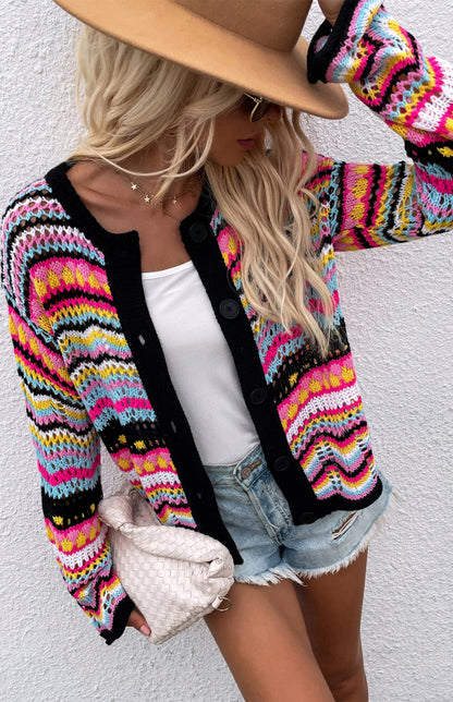 New Striped Loose Rainbow Knitted Cardigan