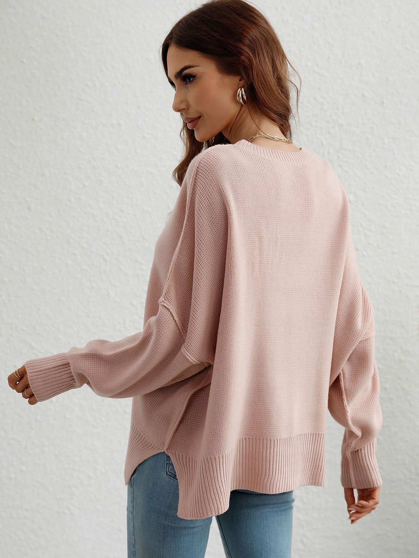 Exposed Seam Dropped Shoulder Slit Sweater