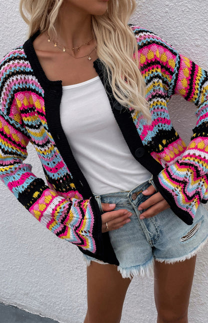 New Striped Loose Rainbow Knitted Cardigan