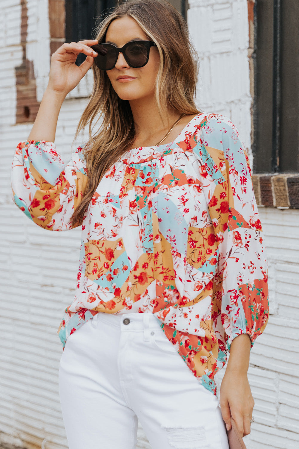 Floral Square Neck Three-Quarter Sleeve Blouse