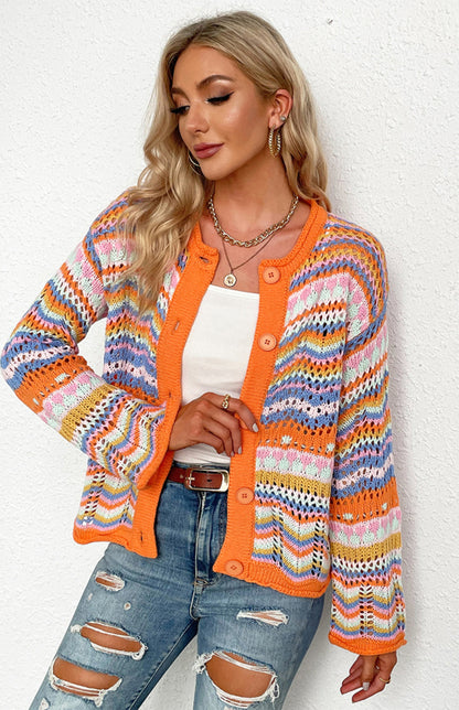 New Striped Loose Rainbow Knitted Cardigan